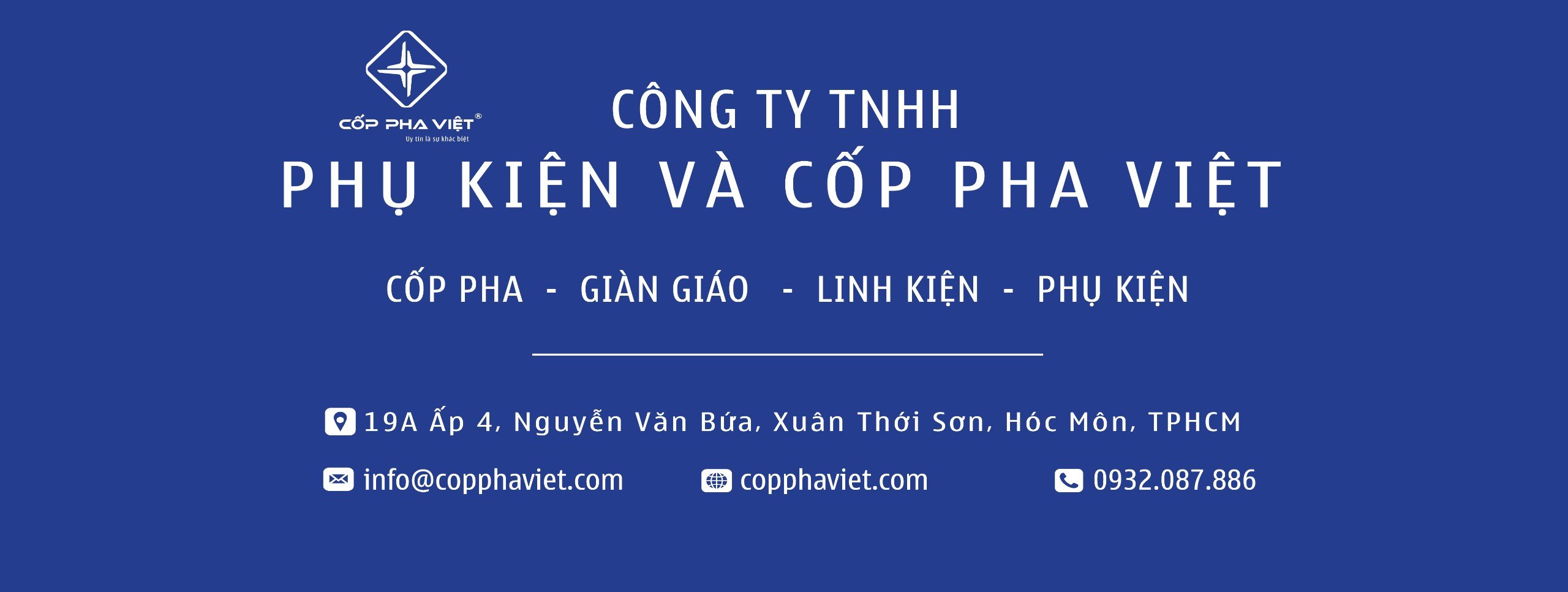 (Hình ảnh: Logo Cốp Pha Việt, thông tin liên hệ, website)