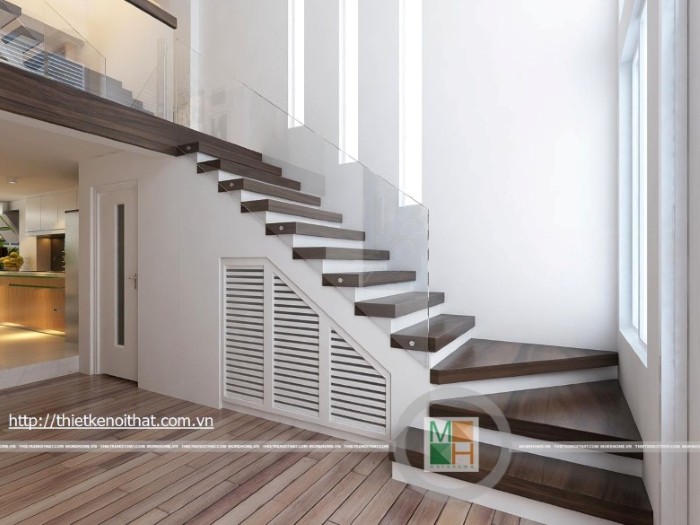 Thiết kế gầm cầu thang bằng tủ gỗ chứa đồ