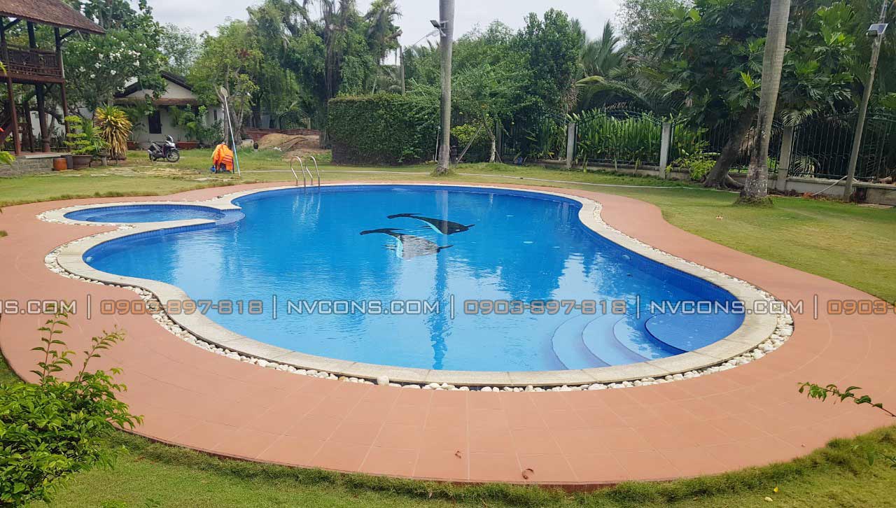 Xây dựng bể bơi gia đình thiết kế tạo hình cá heo bắt mắt
